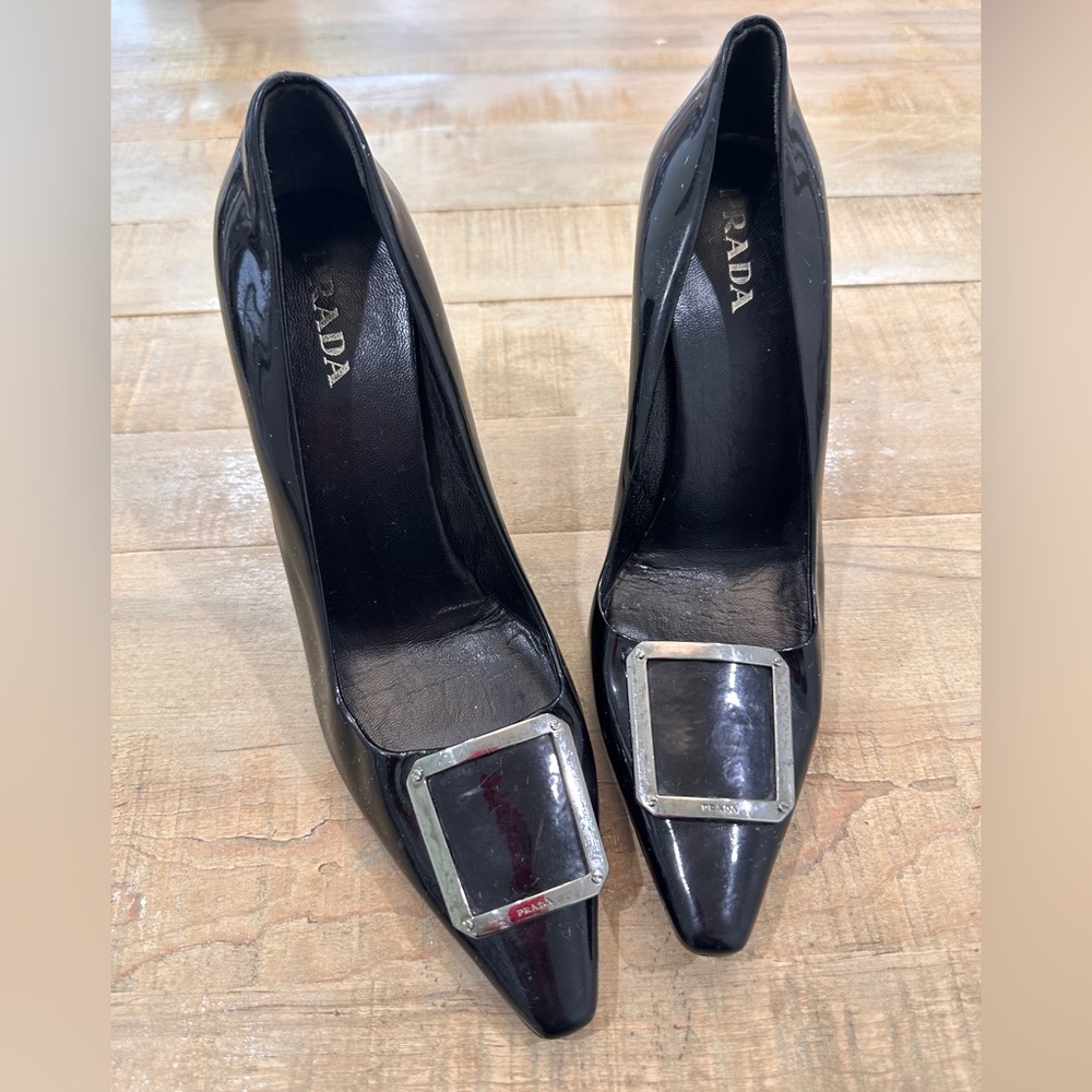 PRADA Italy Black Patent Leather square silver buckle heels shoes